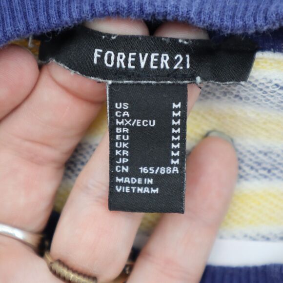 Forever 21 Sweater Womens Yellow M Pinstriped Crew Neck Casual Pullover - Picture 2 of 15